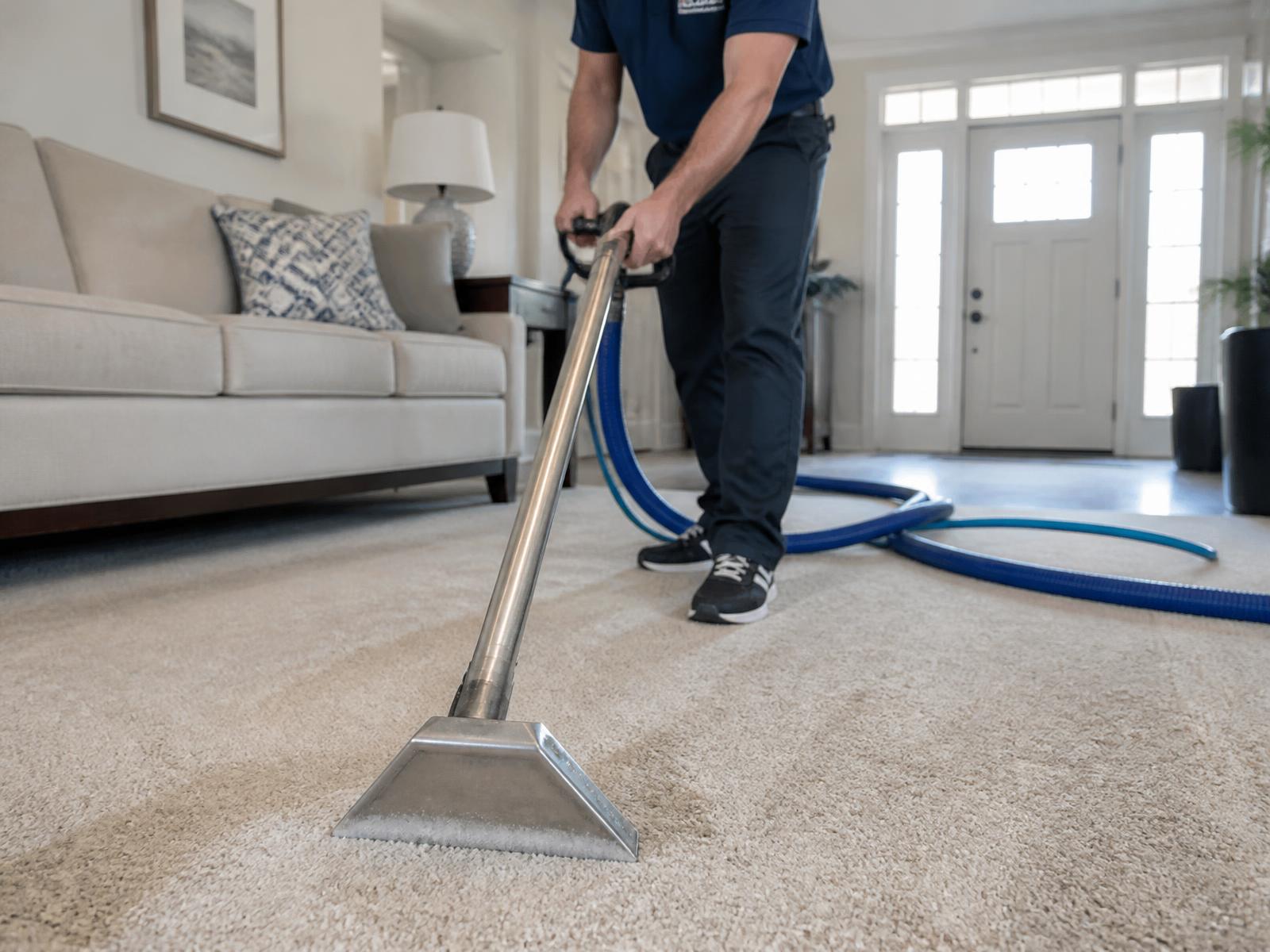 Carpet cleaning technician using a hot-water extraction wand on residential carpet in a bright living room